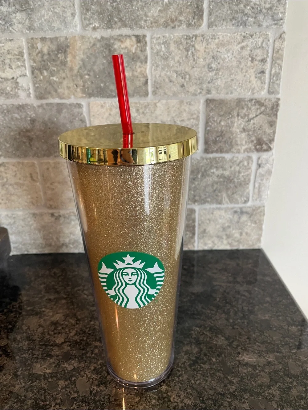 NEW Starbucks Gold Glitter Tumbler with Red Straw and Green Logo